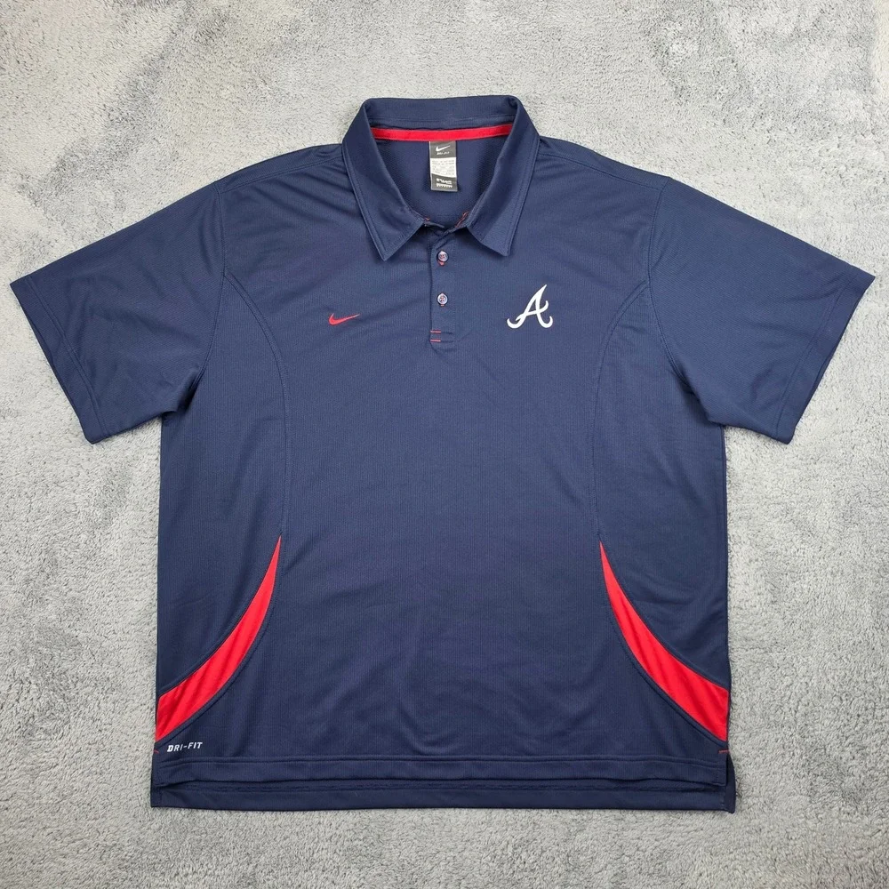 Nike Atlanta Braves Polo Mens XXL Navy Blue Dri-FIT MLB Authentic Performance